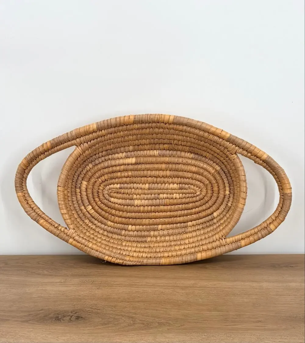 Vintage Boho Hand Woven Coil Straw Basket Tray, Oval Serving Platter, Wall Art